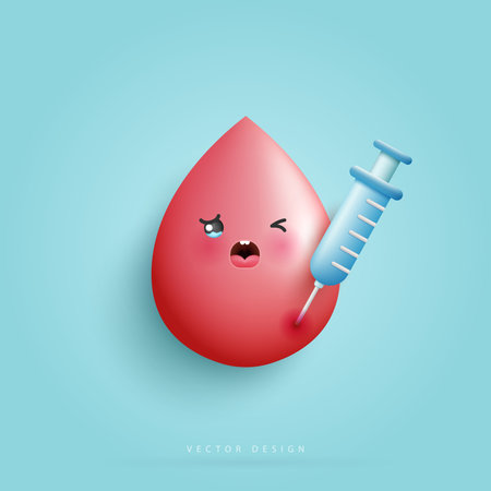 Cartoon blood is hurt and sad unhealthy Infected blood affects health. blood and syringe. health care, hospital. cartoon character style. vector design.のイラスト素材