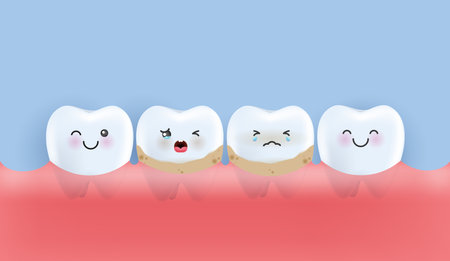 Teeth is treating big unhealthy teeth plaque, scaling, drilling plaque and caries teeth. teeth character for kids. cute dentist mascot for medical apps, websites and hospital. vector design.のイラスト素材