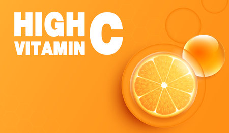 Orange fruits sliced top view on orange background. design for packaging presentation, advertising, cosmetic product display background. vitamin C nature. vector design.のイラスト素材