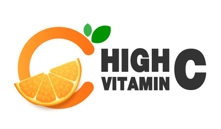 Vitamin C,  orange fruit and letter C with two green leaves. design for packaging presentation, advertising,  cosmetic product display background. vitamin C nature. design.のイラスト素材