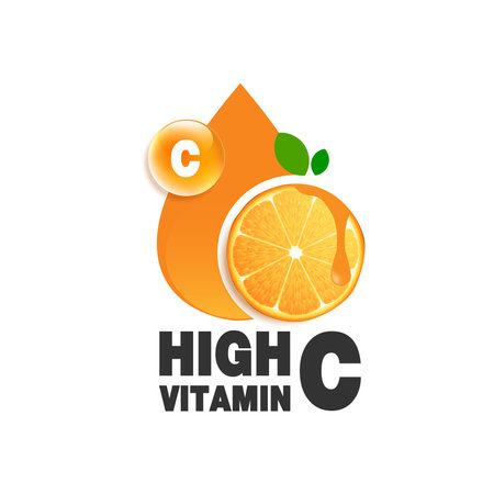 Vitamin C,  orange fruit and letter C with two green leaves. design for packaging presentation, advertising,  cosmetic product display background. vitamin C nature. design.のイラスト素材