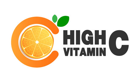 Vitamin C,  orange fruit and letter C with two green leaves. design for packaging presentation, advertising,  cosmetic product display background. vitamin C nature. design.のイラスト素材