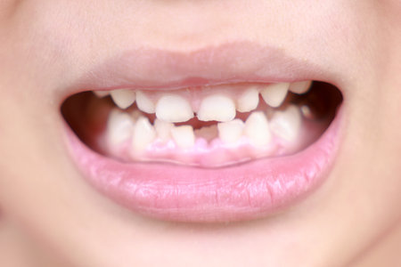 Child milk teeth fall out from gum. little boy permanent tooth grows in mouth. Cute kid open her mouth show teeth and gums. Concept of health, dentist, hygiene, medical, Healthy teeth, dental clinic.の写真素材