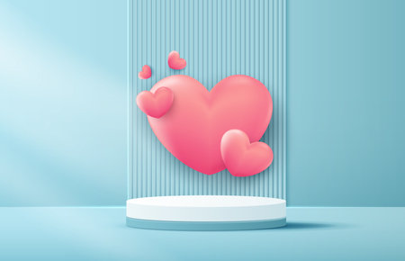 Happy valentines day and stage podium decorated with heart shape lighting. pedestal scene with for product, cosmetic, advertising, show, award ceremony, on blue background. vector design.のイラスト素材