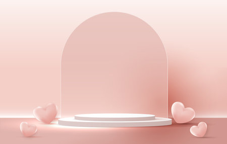 Happy valentines day and stage podium decorated with heart shape. pedestal scene with for product, cosmetic, advertising, show, award ceremony, on pink background and light. vector design.のイラスト素材