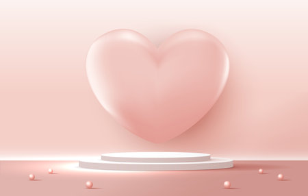 Happy valentines day and stage podium decorated with heart shape. pedestal scene with for product, cosmetic, advertising, show, award ceremony, on pink background and light. vector design.のイラスト素材