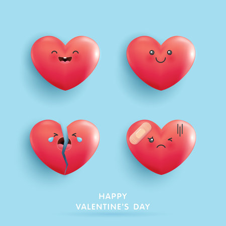 Happy Valentine's Day, set icon heart symbol love. cute hearts red cartoon on blue background. emotional face of heart-shaped cartoon. happy, sad, crying, hurt. vector illustration design.のイラスト素材