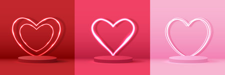 Set happy valentines day and stage podium decorated with heart shape lighting. pedestal scene with for product, cosmetic, advertising, show, award ceremony, on pink background. vector design.のイラスト素材