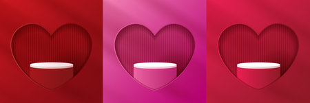Set happy valentines day and stage podium decorated with heart shape lighting. pedestal scene with for product, cosmetic, advertising, show, award ceremony, on pink background. vector design.のイラスト素材