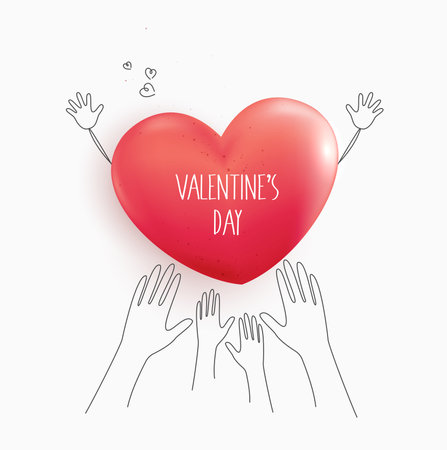 Happy Valentine's day and hands. love heart red, hand, flower line design. decorative abstract background with hand drawn heart. hand written greeting card template for Valentine's day.のイラスト素材