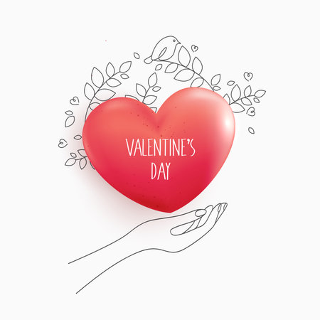 Happy Valentine's day and hands. love heart red, hand, flower line design. decorative abstract background with hand drawn heart. hand written greeting card template for Valentine's day.のイラスト素材