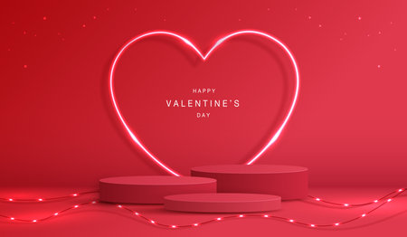 Happy valentines day and stage podium decorated with heart shape. pedestal scene with for product, cosmetic, advertising, show, award ceremony, on red background and light. vector design.のイラスト素材