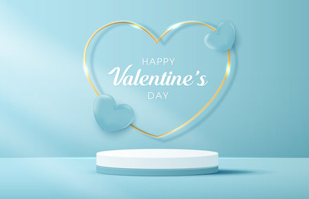 Happy valentines day and stage podium decorated with heart shape lighting. pedestal scene with for product, cosmetic, advertising, show, award ceremony, on blue background. vector design.のイラスト素材