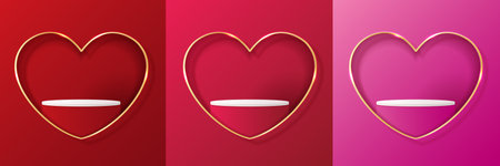 Set happy valentines day and stage podium decorated with heart shape lighting. pedestal scene with for product, cosmetic, advertising, show, award ceremony, on pink background. vector design.のイラスト素材