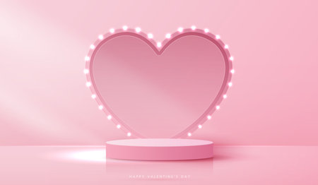 Happy valentines day and stage podium decorated with heart shape lighting. pedestal scene with for product, cosmetic, advertising, show, award ceremony, on pink background and light. vector design.のイラスト素材