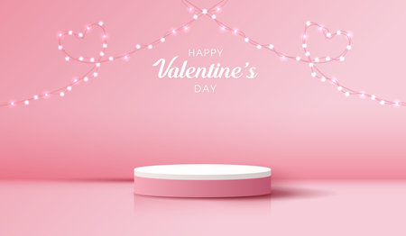 Happy valentines day and stage podium decorated with heart shape. pedestal scene with for product, cosmetic, advertising, show, award ceremony, on pink background and light. vector design.のイラスト素材