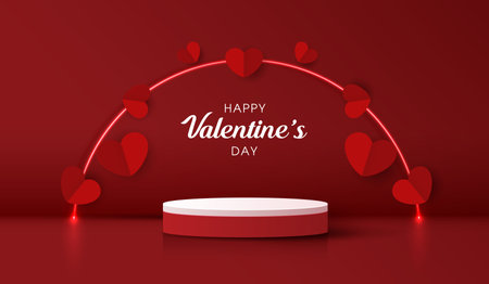 Happy valentines day and stage podium decorated with heart shape. pedestal scene with for product, cosmetic, advertising, show, award ceremony, on red background and light. vector design.のイラスト素材