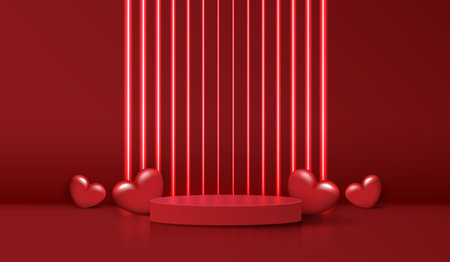 Happy valentines day and stage podium decorated with heart shape. pedestal scene with for product, cosmetic, advertising, show, award ceremony, on red background and light. vector design.のイラスト素材