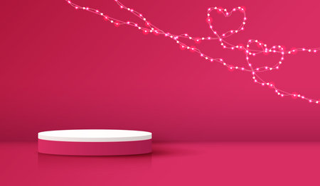 Happy valentines day and stage podium decorated with heart shape. pedestal scene with for product, cosmetic, advertising, show, award ceremony, on pink background and light. vector design.のイラスト素材