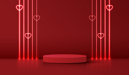Happy valentines day and stage podium decorated with heart shape. pedestal scene with for product, cosmetic, advertising, show, award ceremony, on red background and light. vector design.のイラスト素材