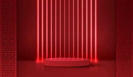 Podium stage chinese style for chinese new year and festivals or mid autumn festival with red background. mock up stage with festive lanterns and clouds. vector design.のイラスト素材
