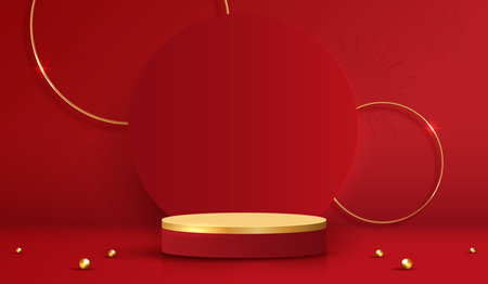 Podium stage chinese style for chinese new year and festivals or mid autumn festival with red background. mock up stage with festive lanterns and clouds. vector design.のイラスト素材