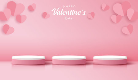 Happy valentines day and stage podium decorated with heart shape. pedestal scene with for product, cosmetic, advertising, show, award ceremony, on pink background and light. vector design.のイラスト素材