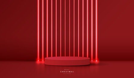 Podium shape for show cosmetic product display for christmas day or new years. Stand product showcase on red background with lighting christmas. vector design.のイラスト素材