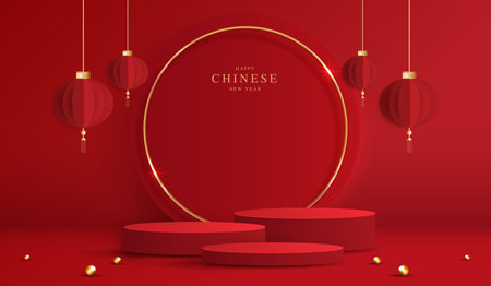 Podium stage chinese style for chinese new year and festivals or mid autumn festival with red background. mock up stage with festive lanterns and clouds. vector design.のイラスト素材