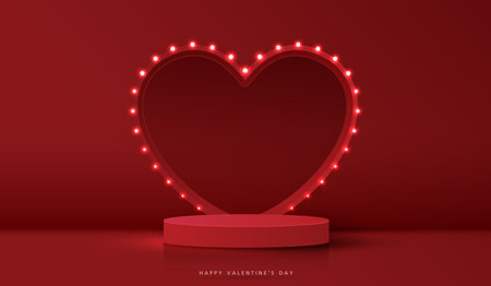 Happy valentines day and stage podium decorated with heart shape lighting. pedestal scene with for product, cosmetic, advertising, show, award ceremony, on red background and light. vector design.のイラスト素材