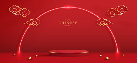 Podium stage chinese style for chinese new year and festivals or mid autumn festival with red background. mock up stage with festive lanterns and clouds. vector design.のイラスト素材