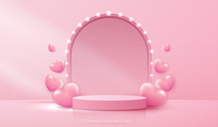 Happy valentines day and stage podium decorated with heart shape. pedestal scene with for product, cosmetic, advertising, show, award ceremony, on pink background and light. vector design.のイラスト素材