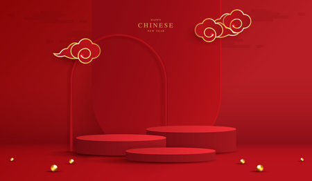 Podium stage chinese style for chinese new year and festivals or mid autumn festival with red background. mock up stage with festive lanterns and clouds. vector design.のイラスト素材