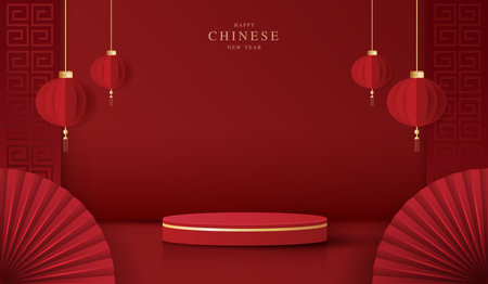 Podium stage chinese style for chinese new year and festivals or mid autumn festival with red background. mock up stage with festive lanterns and clouds. vector design.のイラスト素材