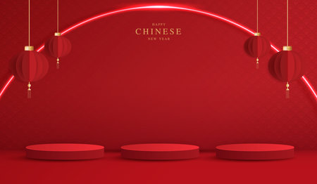 Podium stage chinese style for chinese new year and festivals or mid autumn festival with red background. mock up stage with festive lanterns and clouds. vector design.のイラスト素材