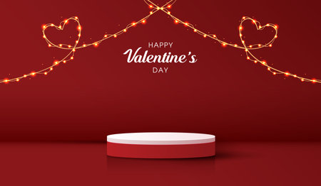 Happy valentines day and stage podium decorated with heart shape. pedestal scene with for product, cosmetic, advertising, show, award ceremony, on red background and light. vector design.のイラスト素材