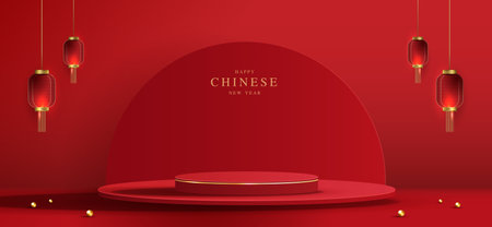 Podium stage chinese style for chinese new year and festivals or mid autumn festival with red background. mock up stage with festive lanterns and clouds. vector design.のイラスト素材