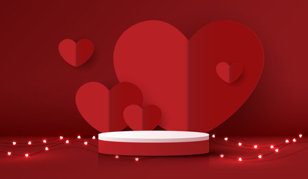 Happy valentines day and stage podium decorated with heart shape. pedestal scene with for product, cosmetic, advertising, show, award ceremony, on red background and light. vector design.のイラスト素材