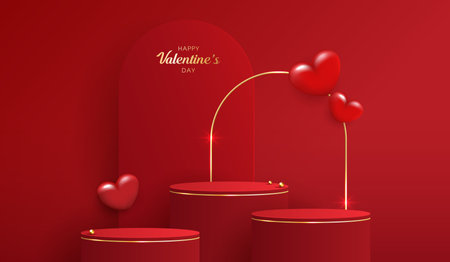 Happy valentines day and stage podium decorated with heart shape. pedestal scene with for product, cosmetic, advertising, show, award ceremony, on red background and light. vector design.のイラスト素材
