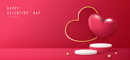 Happy valentines day and stage podium decorated with heart shape. pedestal scene with for product, cosmetic, advertising, show, award ceremony, on pink background and light. vector design.のイラスト素材