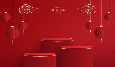 Podium stage chinese style for chinese new year and festivals or mid autumn festival with red background. mock up stage with festive lanterns and clouds. vector design.のイラスト素材