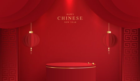 Podium stage chinese style for chinese new year and festivals or mid autumn festival with red background. mock up stage with festive lanterns and clouds. vector design.のイラスト素材