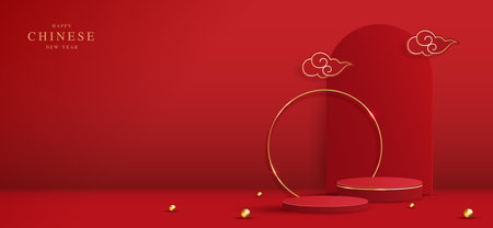 Podium stage chinese style for chinese new year and festivals or mid autumn festival with red background. mock up stage with festive lanterns and clouds. vector design.のイラスト素材