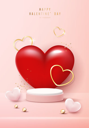 Happy valentines day and stage podium decorated with heart shape. pedestal scene with for product, cosmetic, advertising, show, award ceremony, on pink background and light. vector design.のイラスト素材