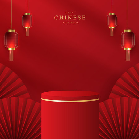 Podium stage chinese style for chinese new year and festivals or mid autumn festival with red background. mock up stage with festive lanterns and clouds. vector design.のイラスト素材