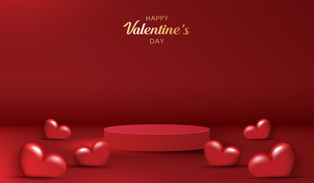 Happy valentines day and stage podium decorated with heart shape. pedestal scene with for product, cosmetic, advertising, show, award ceremony, on red background and light. vector design.のイラスト素材