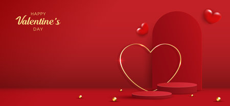 Happy valentines day and stage podium decorated with heart shape. pedestal scene with for product, cosmetic, advertising, show, award ceremony, on red background and light. vector design.のイラスト素材