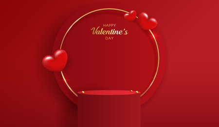 Happy valentines day and stage podium decorated with heart shape. pedestal scene with for product, cosmetic, advertising, show, award ceremony, on red background and light. vector design.のイラスト素材