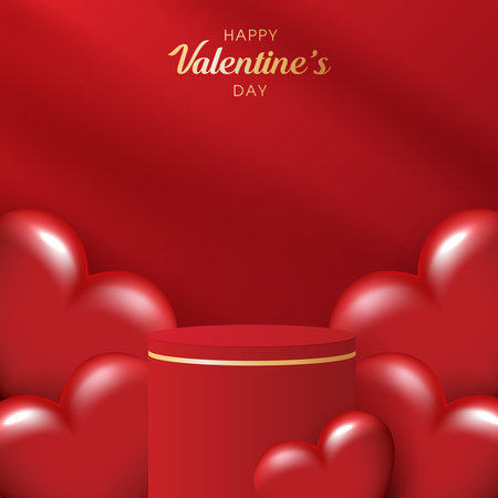 Happy valentines day and stage podium decorated with heart shape. pedestal scene with for product, cosmetic, advertising, show, award ceremony, on red background and light. vector design.のイラスト素材