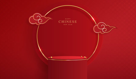 Podium stage chinese style for chinese new year and festivals or mid autumn festival with red background. mock up stage with festive lanterns and clouds. vector design.のイラスト素材